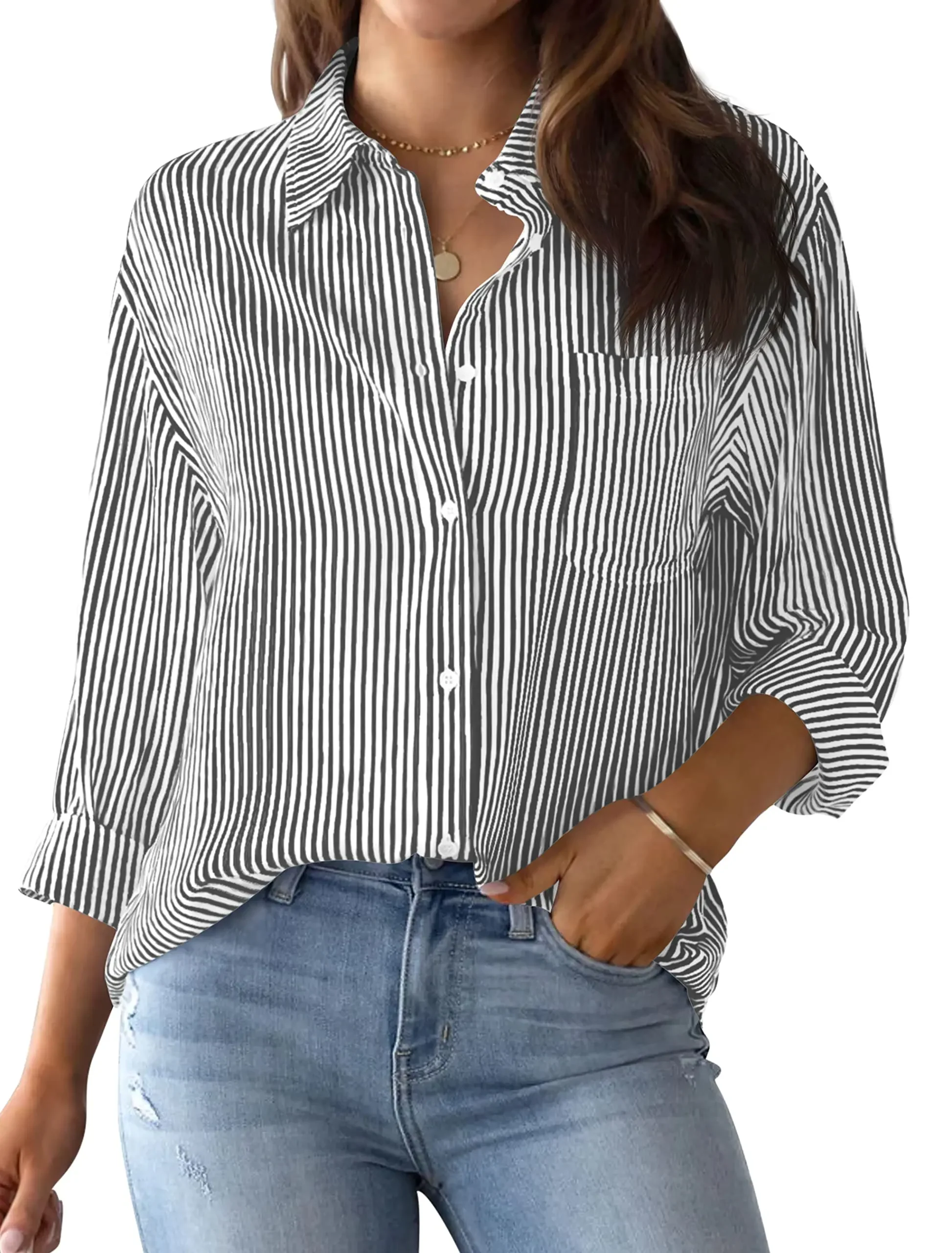 2024 Classic Women Striped Print Basic Shirt Blouse Long Sleeve Casual Button Shirt Daily Office Basic Slim Lady Shirt Fall Tops