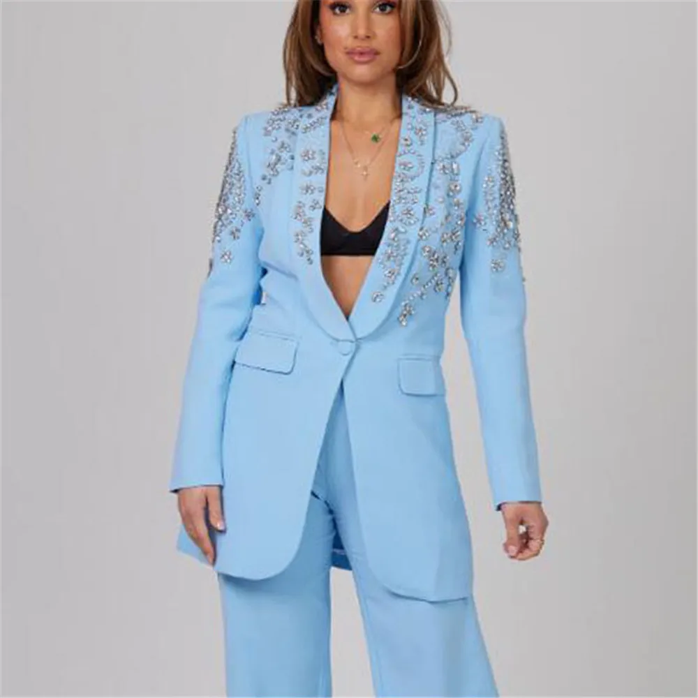 Jas wanita kristal manik-manik biru 2 potong tipis kerah Blazer celana mewah berlian tunggal Breasted jaket gaun pesta Formal