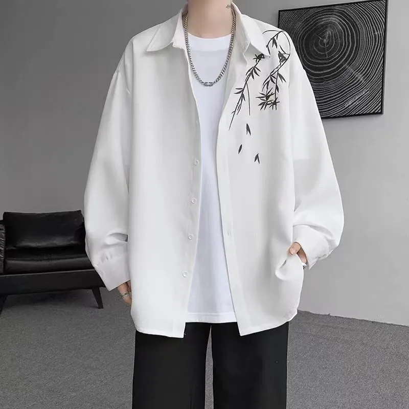 

Long Sve Embroidered Ice Silk irt Men's Summer Loose Drapey Outerwear Spring Autumn Trendy Brand Stand Fit Angel Pattern