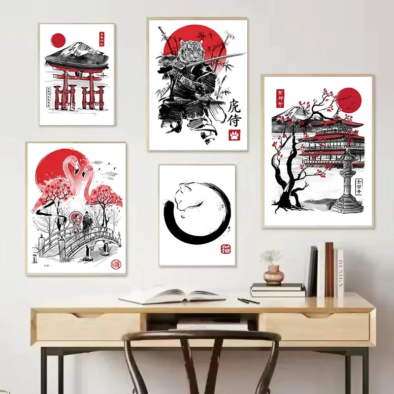 Japanese Ink Animal Samurai Art Posters Cherry Blossom Sakura Anime Wall Art Canvas Painting Prints Picture for Room Home Decor