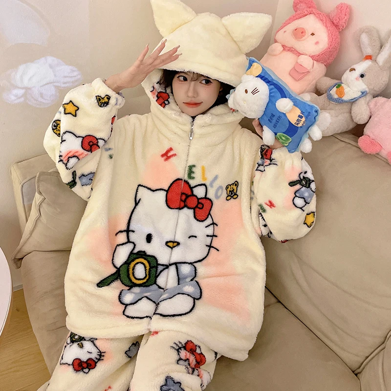 Kawaii Sanrio Hello Kitty My Melody Cinnamoroll Kuromi Flannel Hooded Zipper Pajamas Two-Piece Warm Thick Cute Home Clothes