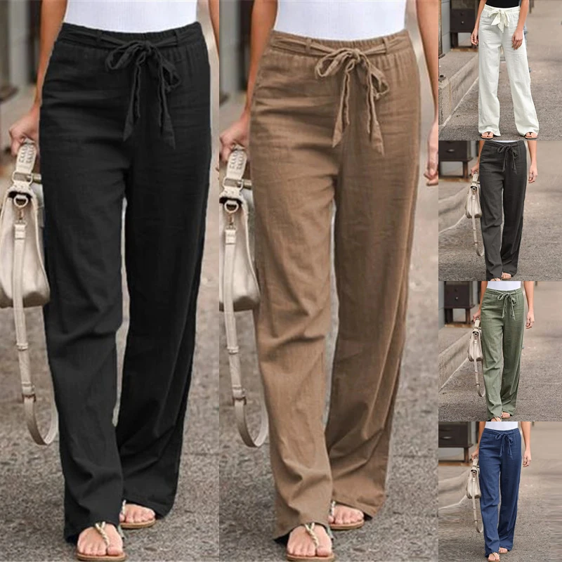 Women Casual Cotton Linen Pants Summer Solid Color Loose Elastic Waist Trousers polyester Lace Up Wide Leg Pants Straight Pants