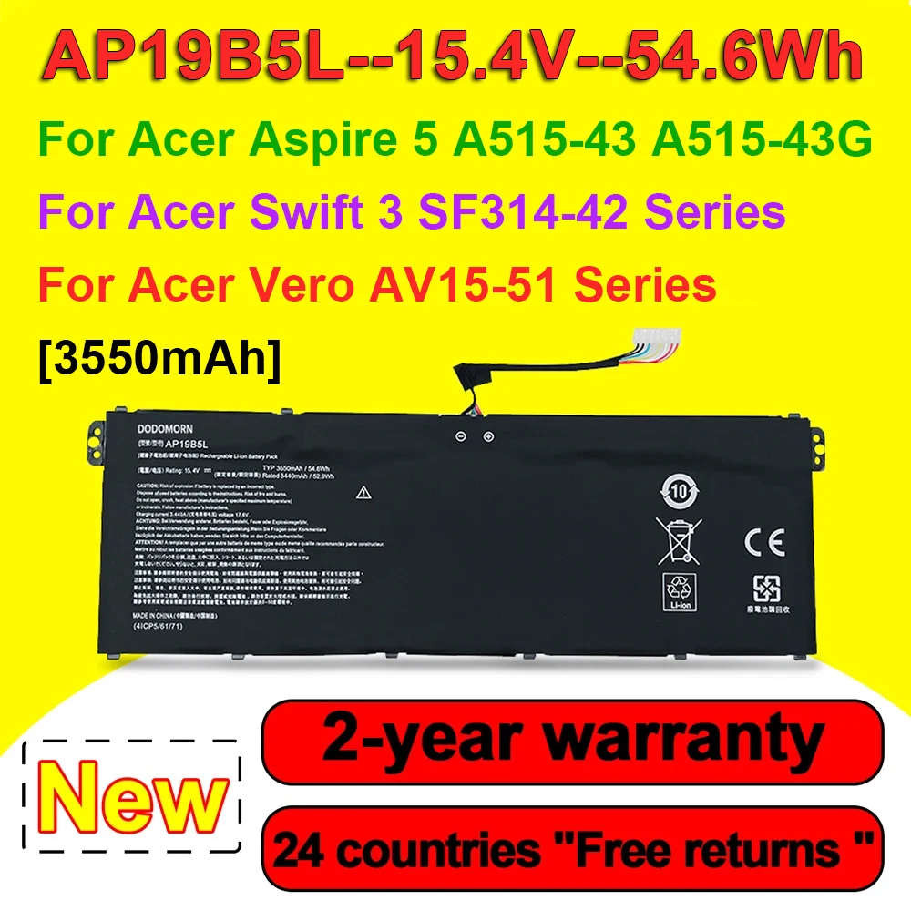 AP19B5L Laptop Battery For Acer  Aspire 5 A515-43 A515-43G A515-44-R5XW For Swift 3 SF314-42 Series 15.4V 54.6Wh 3550mAh