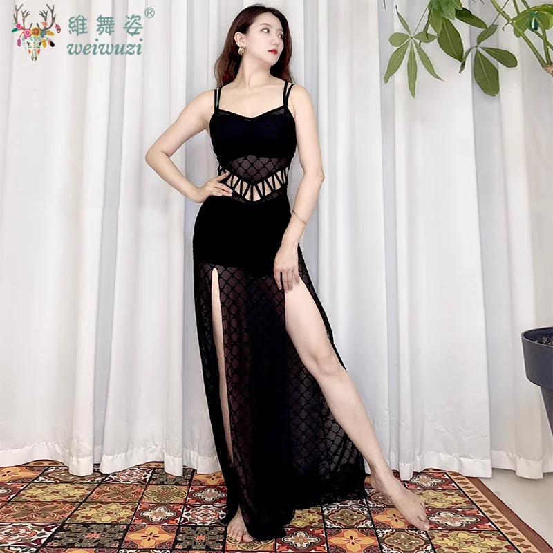 

BellyDance Practice One Piece Elegant Modal Long Dress Mesh Sexy Hollow Strap Skirt Oriental Dance Professional Training Clothes