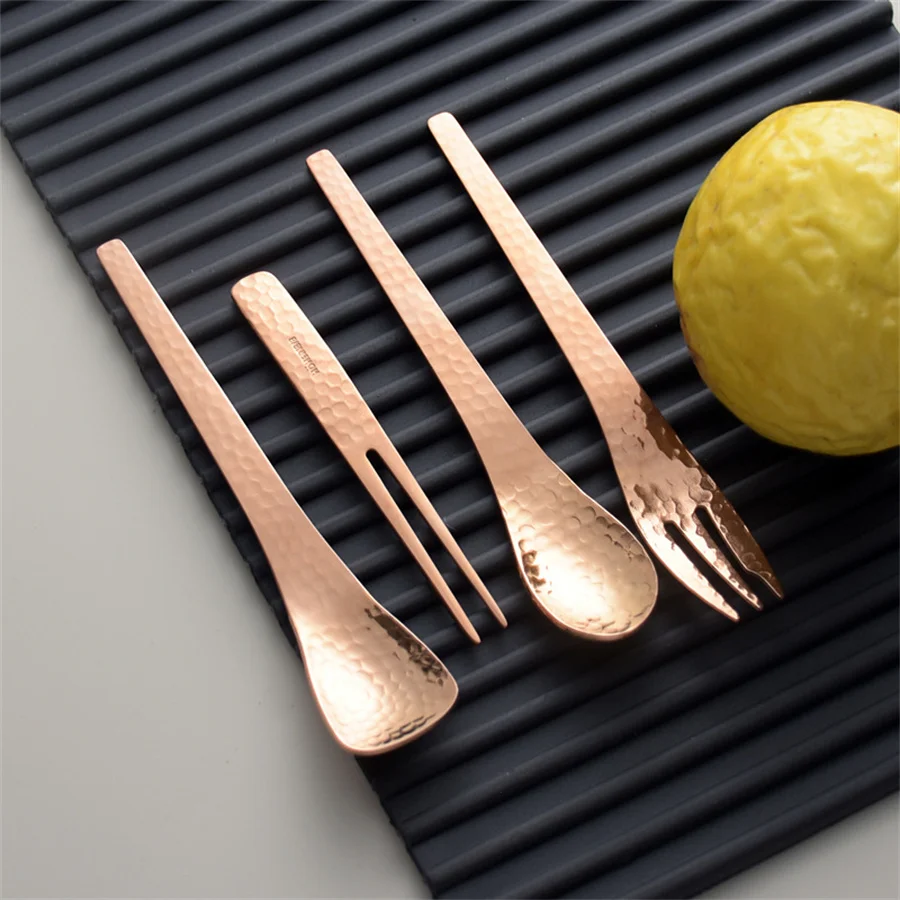 304 Stainless Steel Rose Gold Creative Hammer Eye Pattern Afternoon Tea Cutlery Fruit Fork Coffee Spoon Dessert Cake Fork