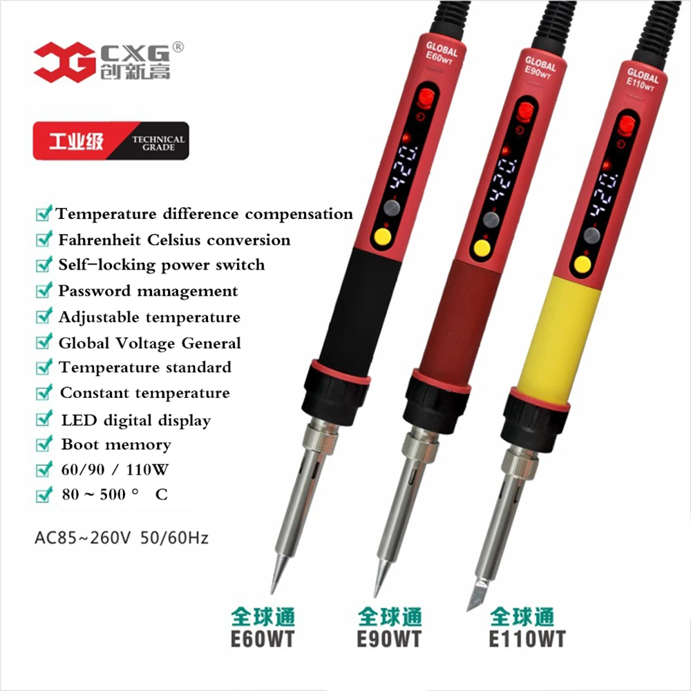 NEWEST CXG E60WT/90WT/110WT 110V/220V EU/US ROHS LCD Temperature Digital LED Adjustable Electric Soldering Iron+tips