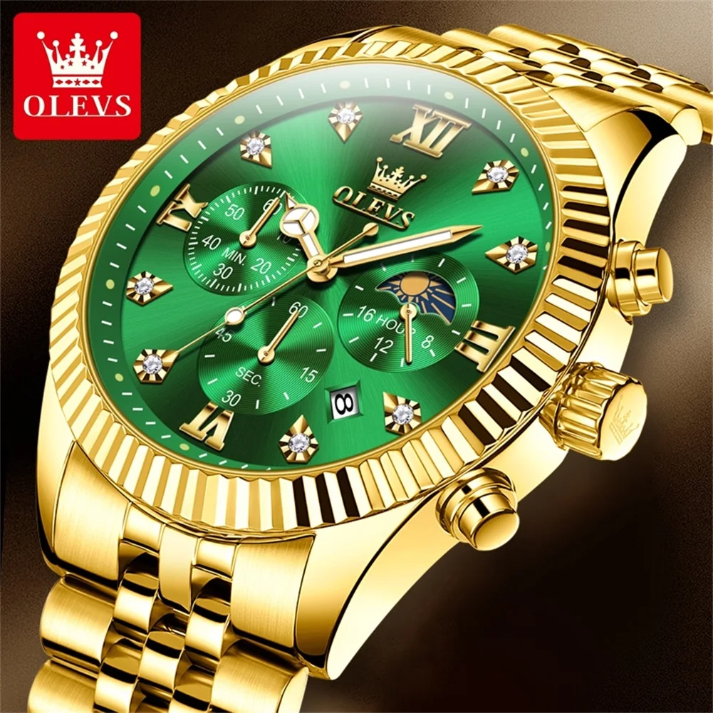 OLEVS 2932 Men Watch All Gold Premium Moonphase Quartz Watch Stainless Steel Waterproof Timing Watch Luxury Brand Men Watch