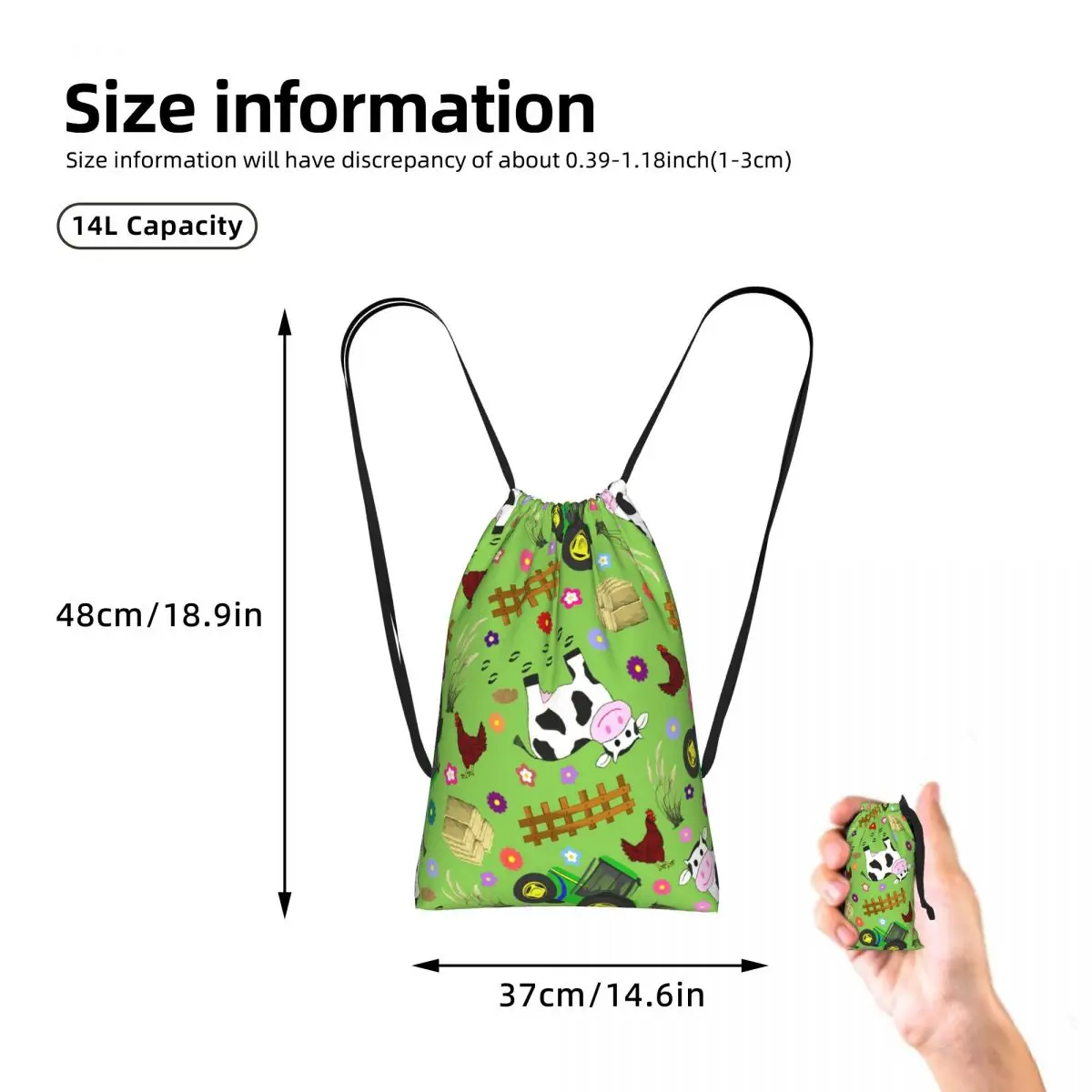 Farmyard Cow And Tractor Drawstring Backpack Sports Gym Bag Lightweight Foldable Storage Drawstring Bag for Men Women