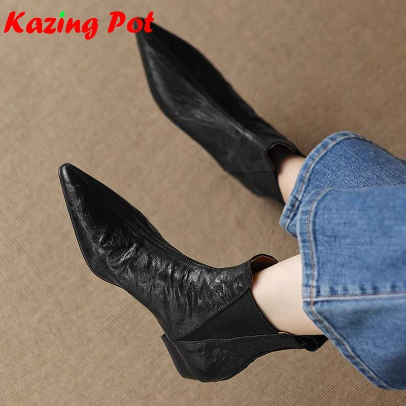Krazing Pot Sheepskin Pointed Toe Low Heels Modern Chelsea Boots Warm Winter Shoes Brand Zipper Pleated Decorations Ankle Boots