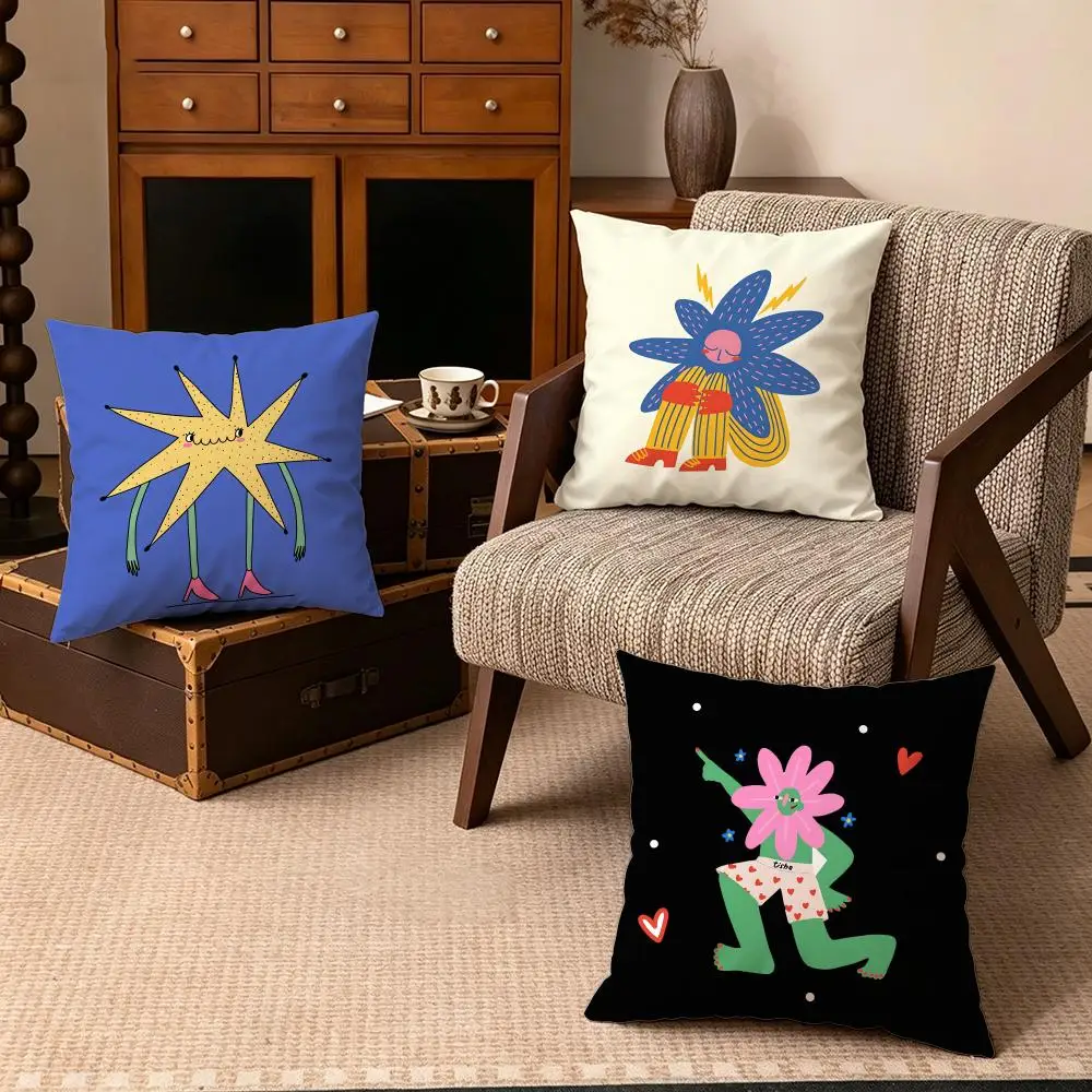 Art-Floral Anthropomorphic Cartoon Cushion Cover Soft Velvet Cushion Cover Set 4Pcs 50x50 45x45 Zipper Pillowcase for Home Decor