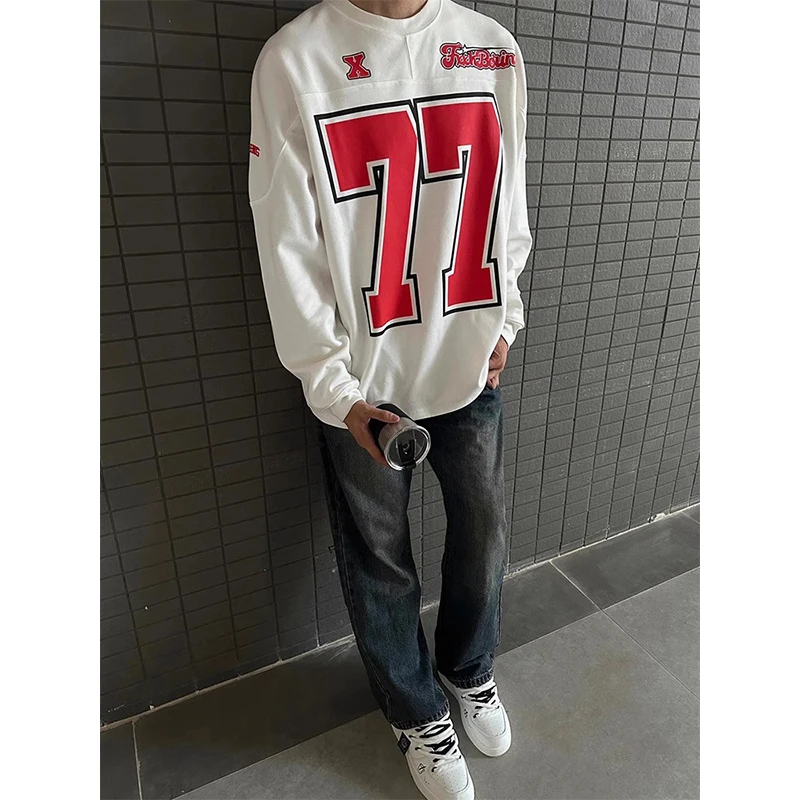 

White Heavyweight round Ne Sweatirt Men's Spring Autumn American Retro Ice Hoey Long Sve Jaet Casual Loose Fit
