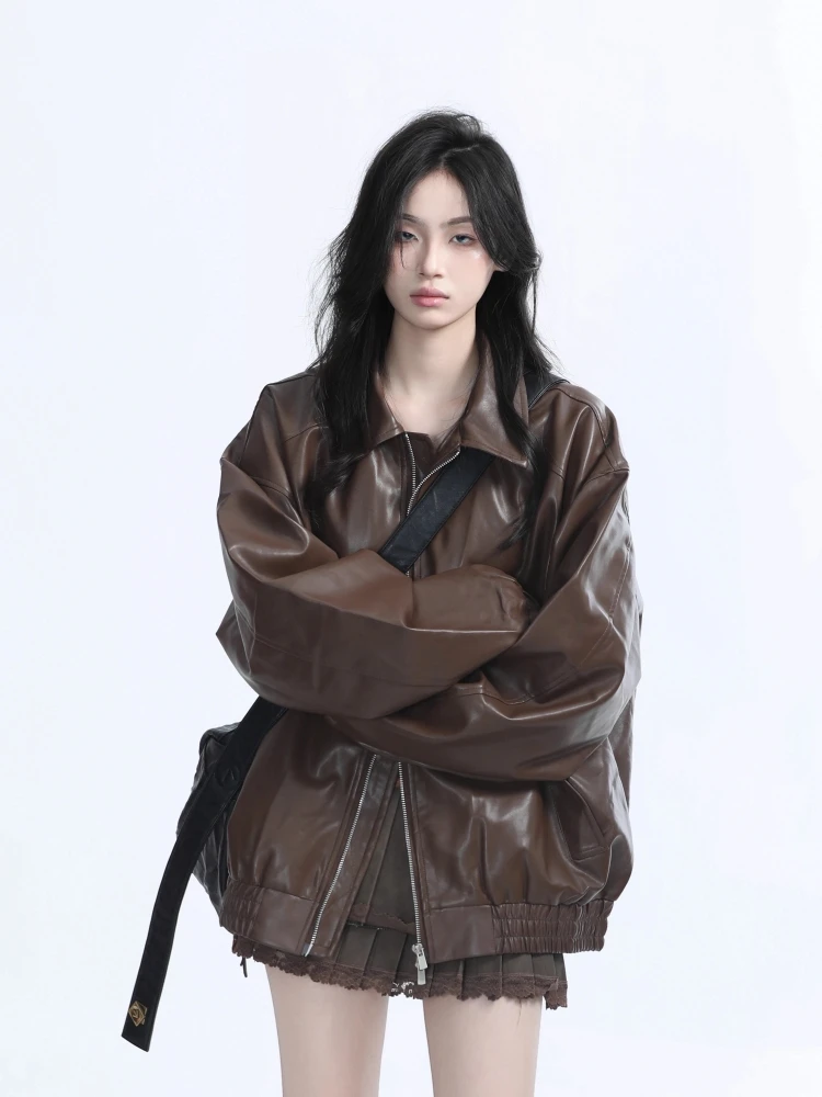 

Cool Sexy Bla Biker Jaet Women's Spring Autumn Loose Faionable PU Leather Coat Sli Commute Sle Long Sve Zipper