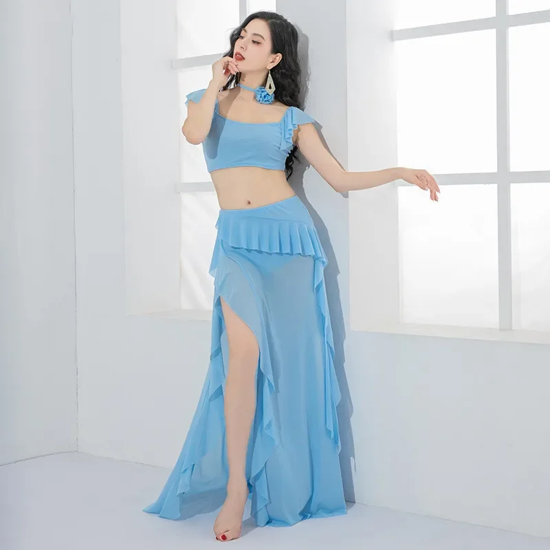 ガーゼオリエンタルダンス衣装花柄チョーカー付き女性夏ベリーダンス練習服半袖セクシーなサイドスプリットスカート L