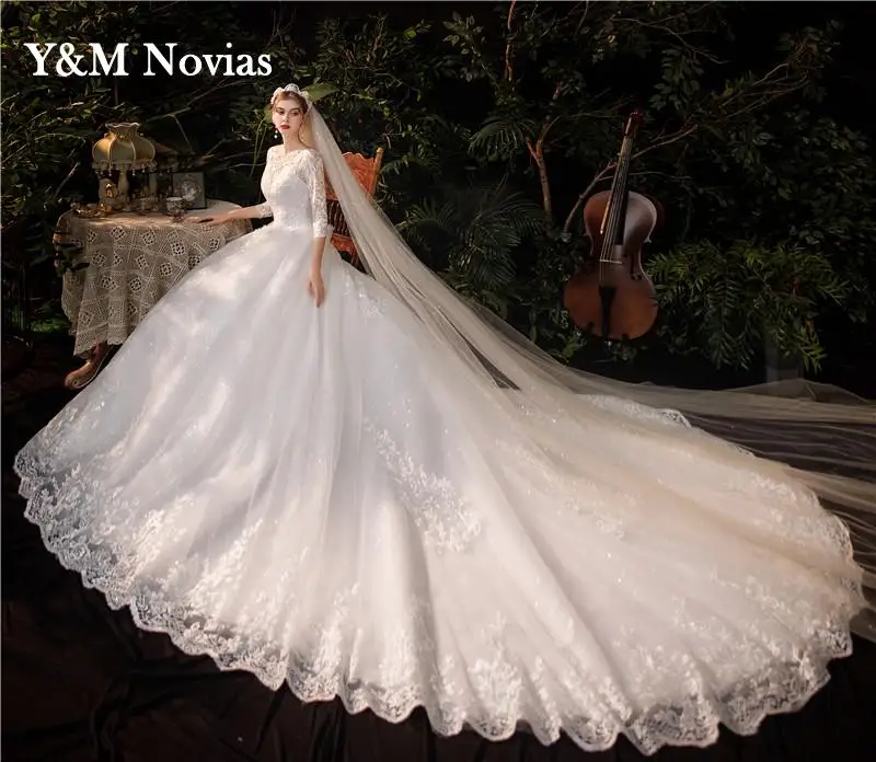 Y&M Novias New Luxury Long Lace Dresses Applique With Sleeve Royal Train princess Wedding Dress Embroidery Bride Dress Plus Size