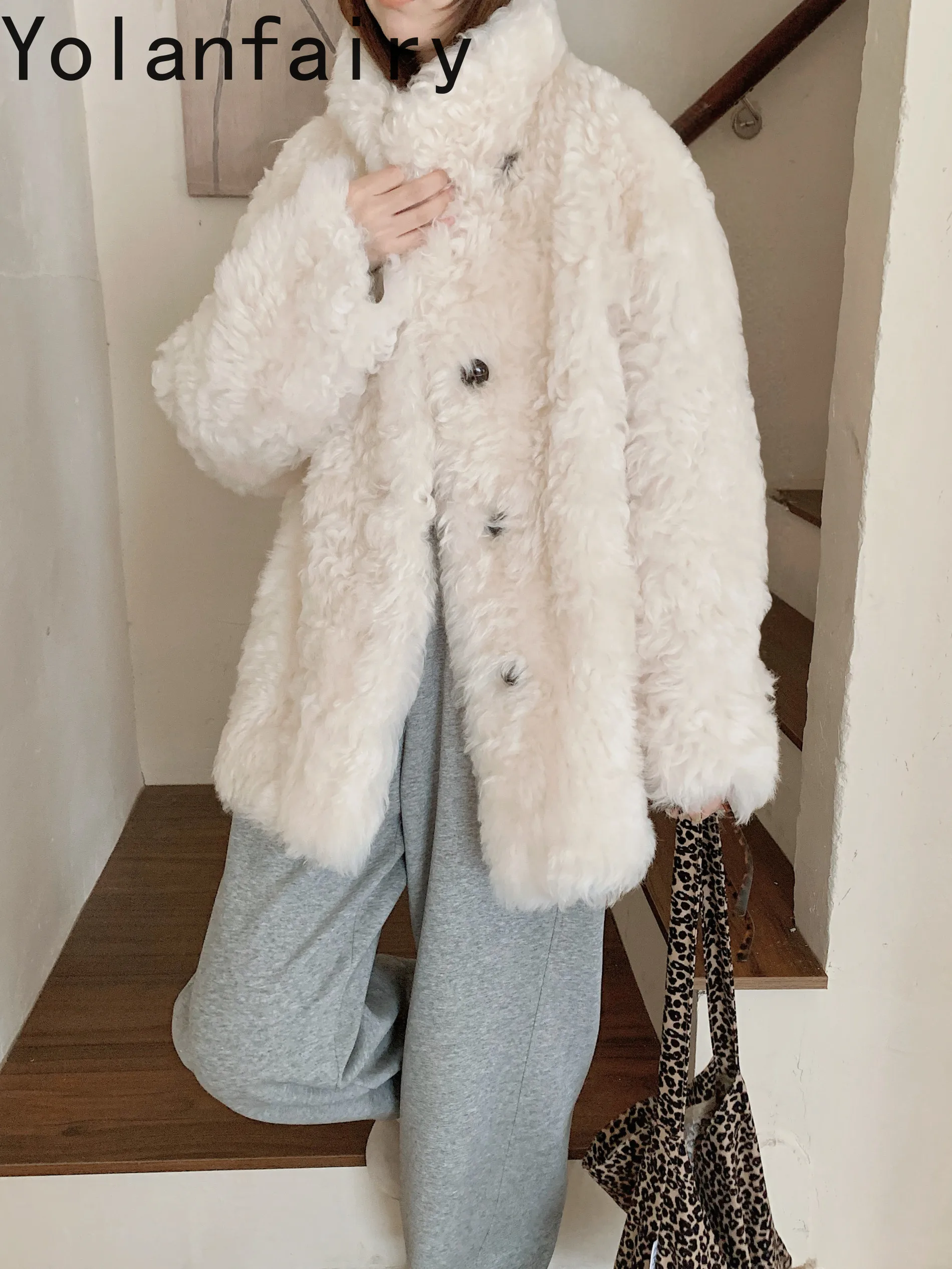 YOLANFAIRY High Quality Natural Sheepskin Shearling Fur Jacket Women Luxury Winter 100% Real Wool Fur Coats Mid-length abrigos