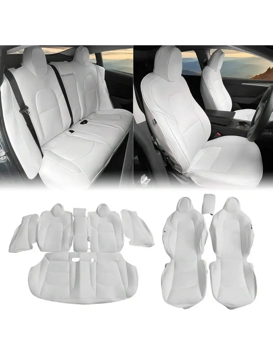 4PCS White Car Seat Covers Full Set For Model 3 2017-2023 OE Style Front Rear Waterproof Easy Clean Interior Accessories