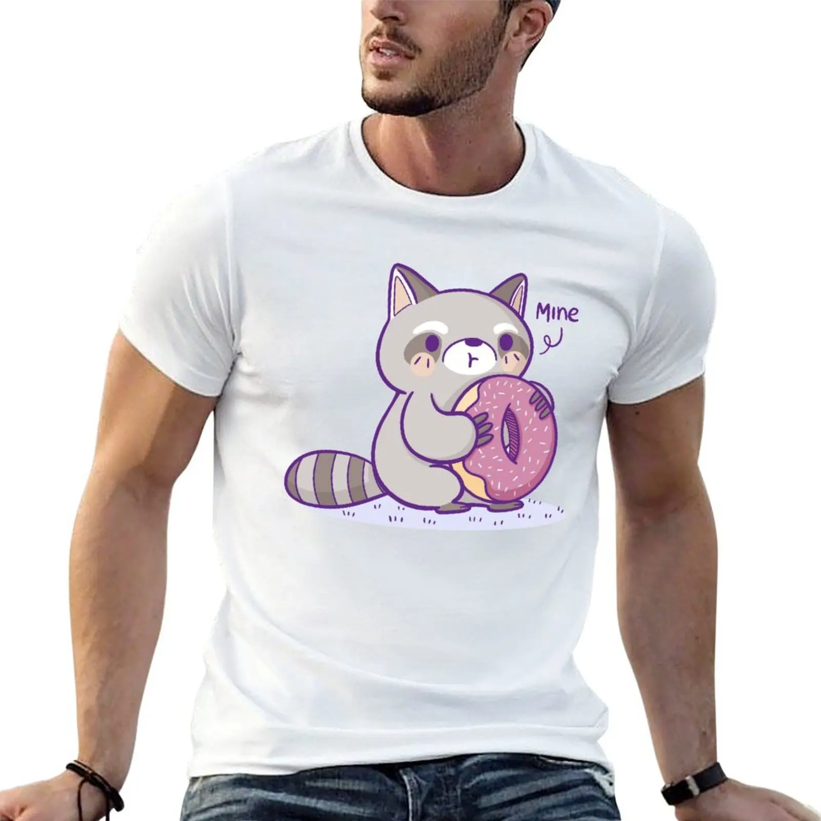 Raccoon With a Donut T-Shirt Stylish Print Short Sleeve Tee