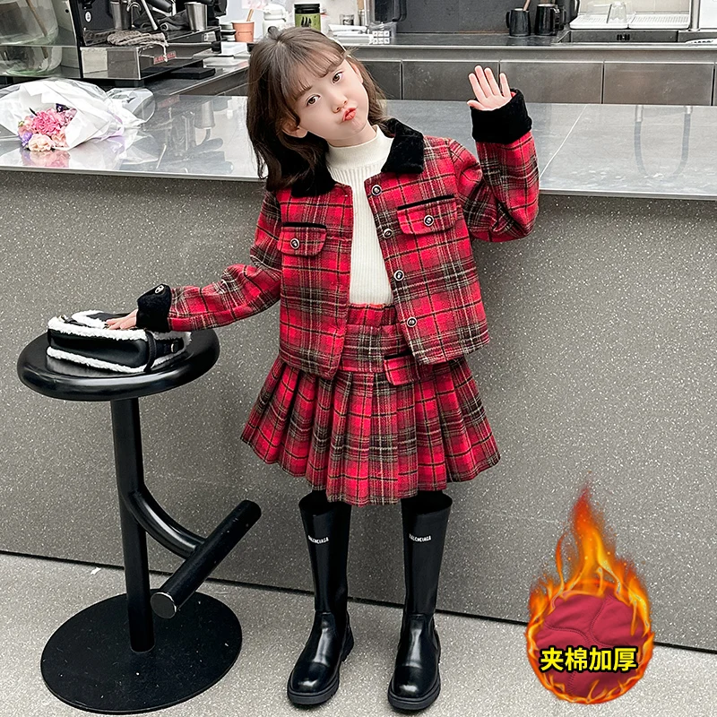 New Years Girls Clothing Sets Elegant Plaid Jacket Cotton Padded Coat+Plead Skirt 4-12 kisd Outfits Winter Child Princess Dress