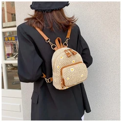 Sweet Emboridery Woven Straw Small Backpack Teenager Fashion Summer Rattan PU Leather Daypack Bag for Girls