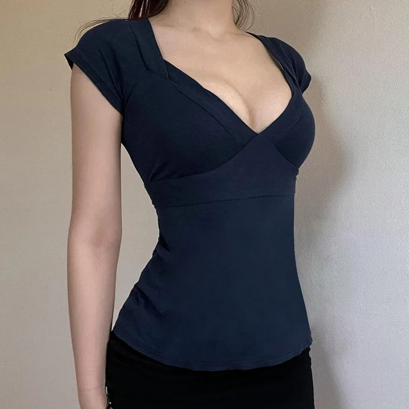 Dark Blue Bow Tie V Neck Short Sleeve T Shirts Women Clothing Summer 2025 Y2k Girls Tops Cotton Vintage Minimalist Tee Casual