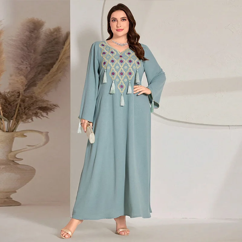 KYP863 Muslim Ice Silk Wrinkle Large Size Dress Dubai Abaya Embroidered Robe