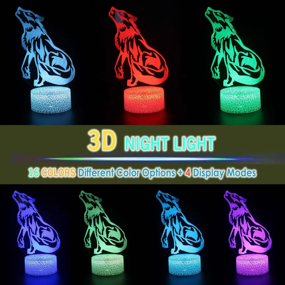 3D หมาป่าภาพลวงตาหลอดไฟ LED อะคริลิคไฟกลางคืนเปลี่ยนสีได้7สีไฟกลางคืนไฟตกแต่งห้องนอนวันเกิดสำหรับเด็กของขวัญโคมไฟข้างเตียง