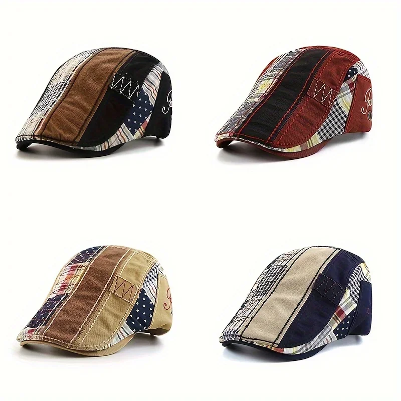 

British Casual Forward Hat Woman Patchwork Plaid Beret Vintage Neutral Denim Newsboy Hat Man Adjustable Breathable Duckbill Hat