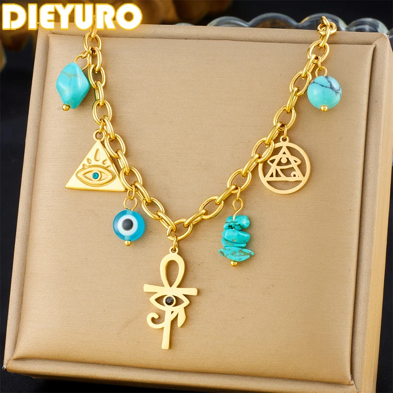 

DIEYURO 316L Stainless Steel Turquoise Geometric Devil's Eye Necklace Womens Trend Fashion Clavicle Chain Jewelry Holiday Gift