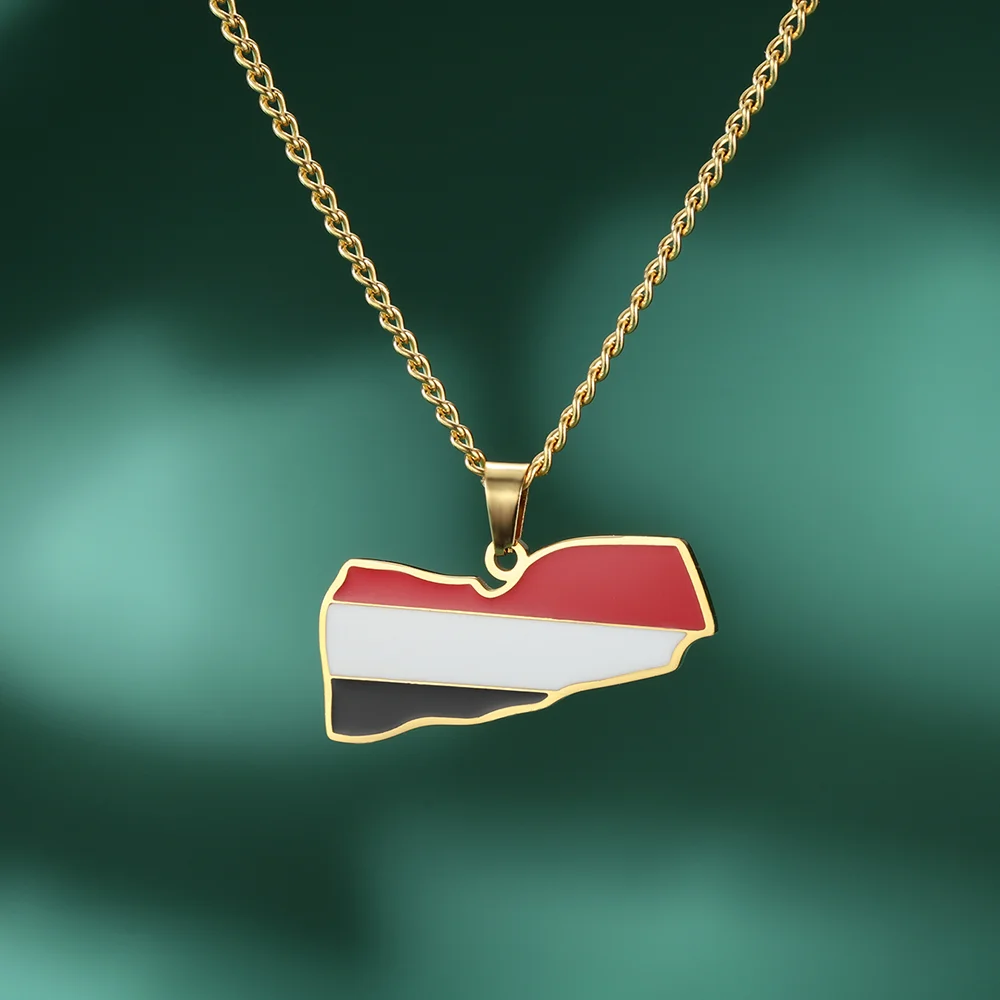 Colliers pendentifs géographiques du Yémen pour femmes, en acier inoxydable couleur or, bijoux carte nationale émaillée, cadeau, vente en gros