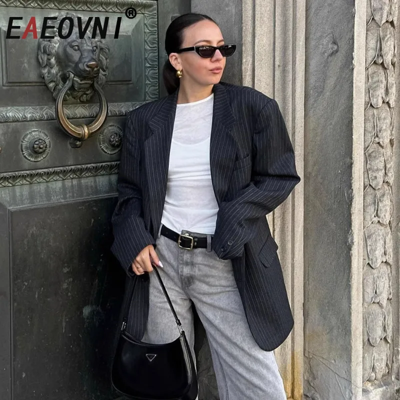 

EAEOVNI полосатый модный женский костюм, пиджак с зубчатым воротником, двубортный свободный пиджак, офисная женская одежда, новинка 2025, 1A543