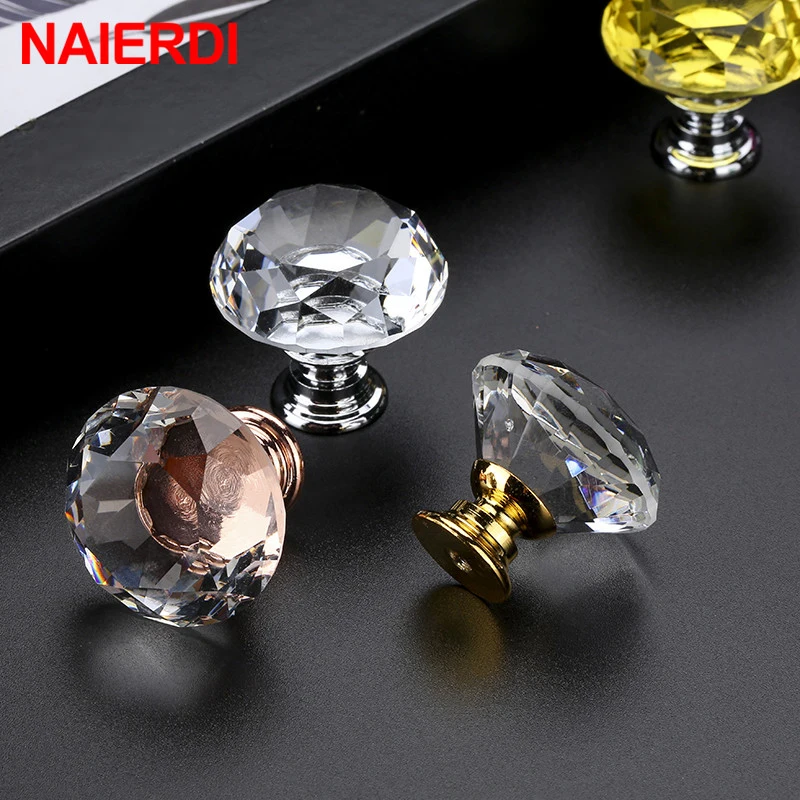 NAIERDI 20-40mm Crystal Handle Diamond Glass Knobs Cupboard Drawer Pull Kitchen Cabinet Door Wardrobe Handles Hardware
