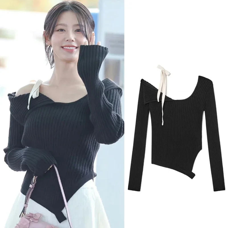 

Kpop Korean Singer Jazz Dance Clothes Women Irregular Black Sexy Off-Shoulder Slim Knitted Sweaters Nightclub Girl Stage Costume