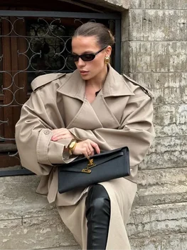 Khaki Lace Up Windbreaker 2026 Women Elegant Full Sleeve Button Loose Chic Long Coat 2025 New Office Lady Daily Commute Overcoat 6