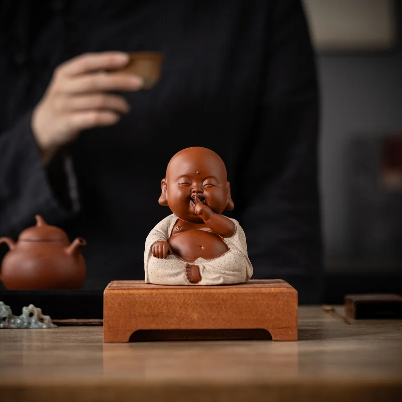 Purple Clay Fortune-Bringing Maitreya Buddha Tea Pet, Exquisite Handmade Big-Bellied Buddha Tea Ornament, Zen-Inspired Figurine