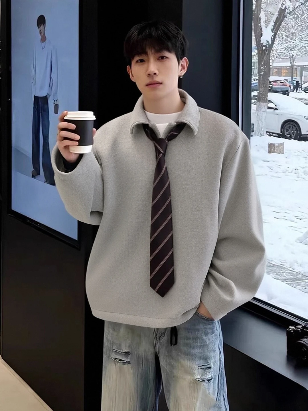 

Мужской осенне-зимний свитшот с воротником, длинный рукав, вязаный, теплый, комфортный, базовый слой, футболка, нижний слой, топ Cleanfit