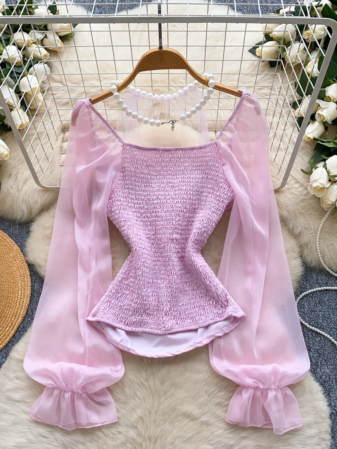 Women's Beaded Neck Hang Mesh Patchwork Shirts V-neck Slimfit All Match Chiffon Blouse Summer Loose Commuting Long Sleeves