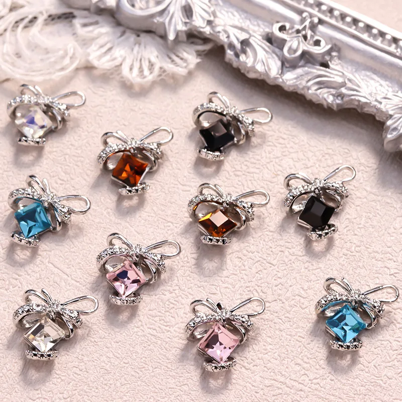 10PCS 3D Luxury Alloy Bow Nail Art Rhinestone Charms Parts Square Crystal Diamond Accessories For Nails Decoration Supplies Tool