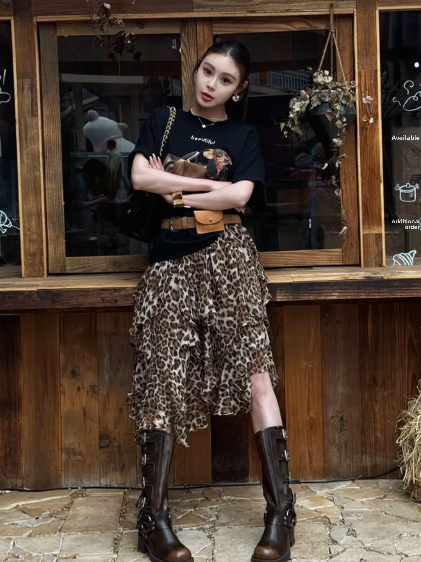 Retro Elastic Waist Skirt Women's Half-length Asymmetrical Hemline Leopard Print Chiffon Midi Skirt Summer European Style