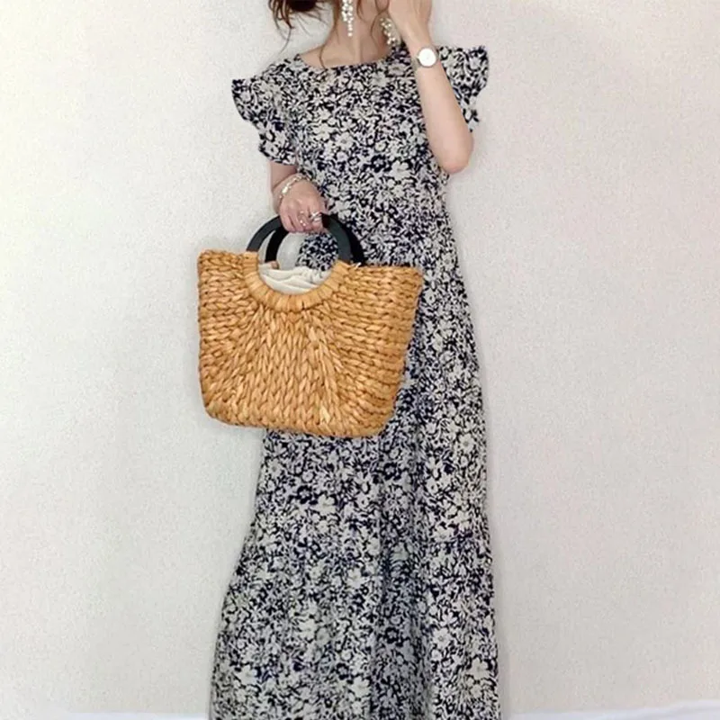 Kuzuwata Round Neck Ruffle Sleeve Flower Print 2024 Summer New Dress Women Fashion Lady Vestidos Loose Casual High Waist Robe