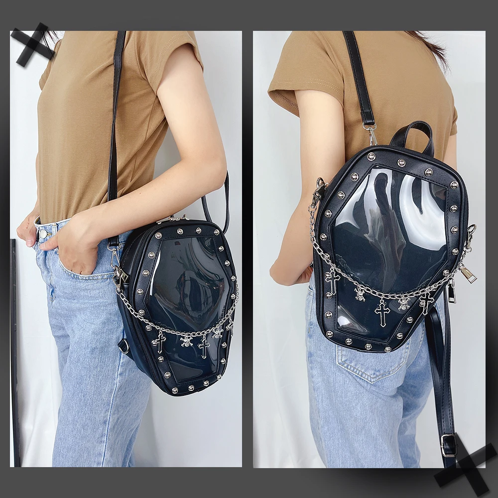 Gothic Punk Sargform Ita Tasche Damen Klare Rucksäcke Dark Lolita Handtasche und Umhängetasche Mädchen Cosplay Designer 2-Einsatz – Detail 18
