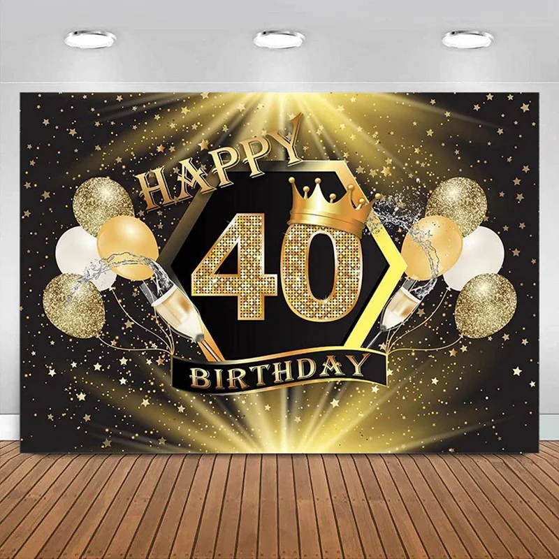 

Happy 40th Birthday Backdrop Banner for Women Men Black and Gold Glitter Balloons Background Decoration Banner Party Photography