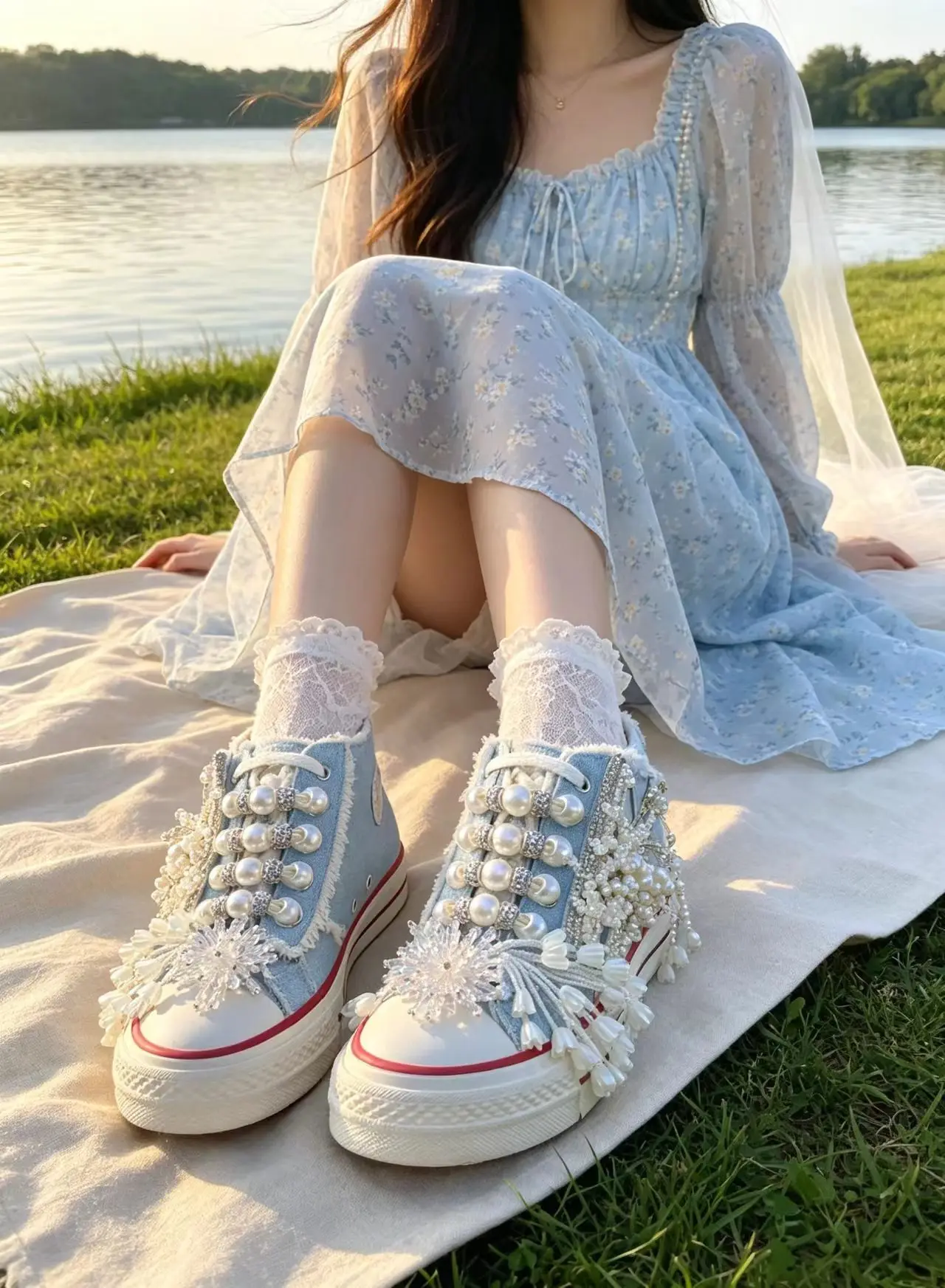 Heavy-duty beaded fringe flower rhinestone pearl canvas shoes - blue low-top thick-soled sports women's shoes, size 35-40