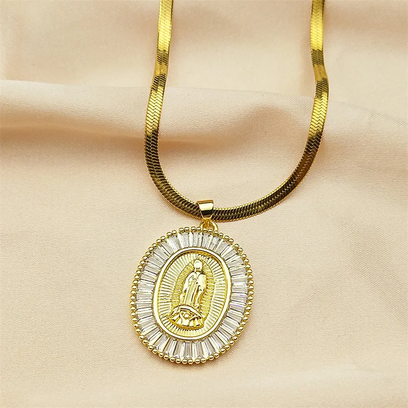 Our Lady Virgin Mary Pendant Necklace For Women Men Stainless Steel Gold Color Faith Catholic Amulet Blingbling Chain Jewelry