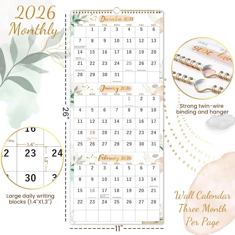 2026 تقويم الحائط 3 أشهر التقويم 2026 عمودي 3 أشهر تقويم الحائط 11 "× 26" ديسمبر 2025 يناير 2027 التقويم 2026 كبير