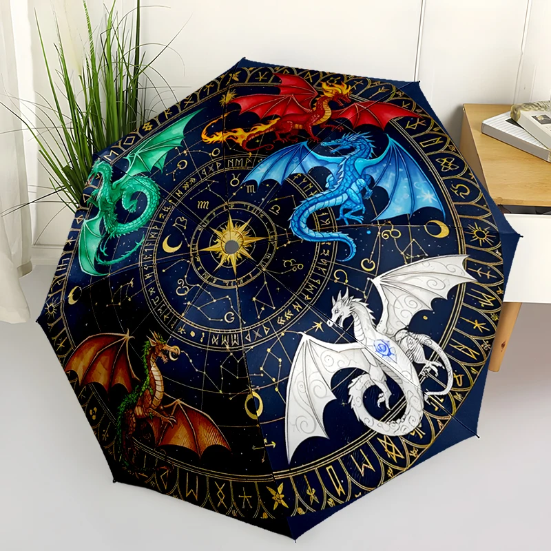 Dragon Theme Design Folding Umbrella - Fashionable Auto-Open Design 8 Iron Ribs Plastic Handle Foldable Sunshade，Perfect Gifts
