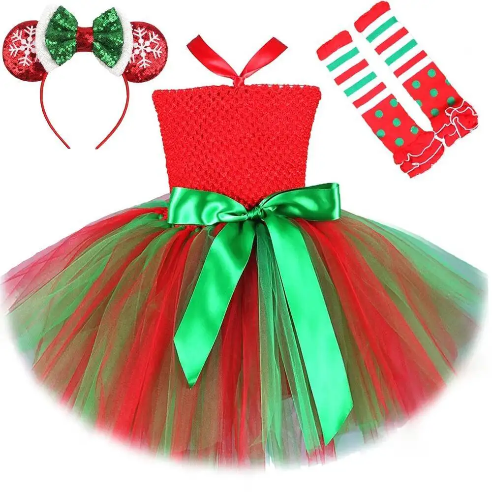 

Красно-зеленые рождественские костюмы для девочек, праздничное рождественское платье-пачка с бантом, носки, детские новогодние карнавальные наряды, детская праздничная одежда