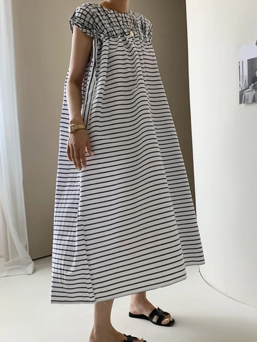 กระชับสัดส่วนดีไซน์วินเทจเซนส์ประตูตงดา Ins Dr Knot Svel Long A-Line Summer Stripe Pattern Women's Dr