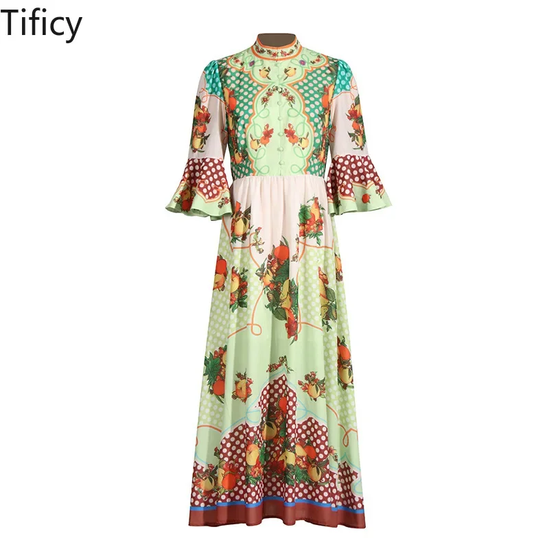 

TIFICY French Court Style Trumpet Sleeve Long Dress Women's Autumn New Item Stand Collar Printed Ruffle Edge Design Long Dress