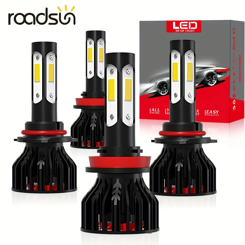 roadsun 4pcs 9005/HB3 H11 LED Combo Lamps 170W High Power 27000LM 6000K White 4 Side COB Chips LED Headlights with Cooling Fan