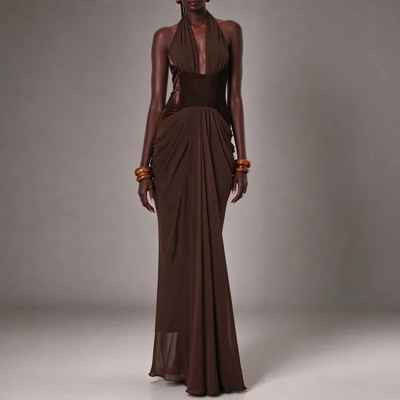 Luxury Halter Neck Evening Gown Ladies Deep V Velvet Corset Top Draped Sleeveless Mermaid Long Dress Formal Wedding Prom Dresses